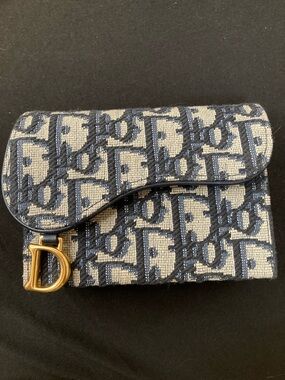 Dior Navy and Cream Monogram Jacquard Card Case with Gold D Charm